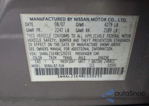 2008 Nissan Altima 2.5 S z USA, uszkodzony, nr VIN 1N4AL21E48C120255